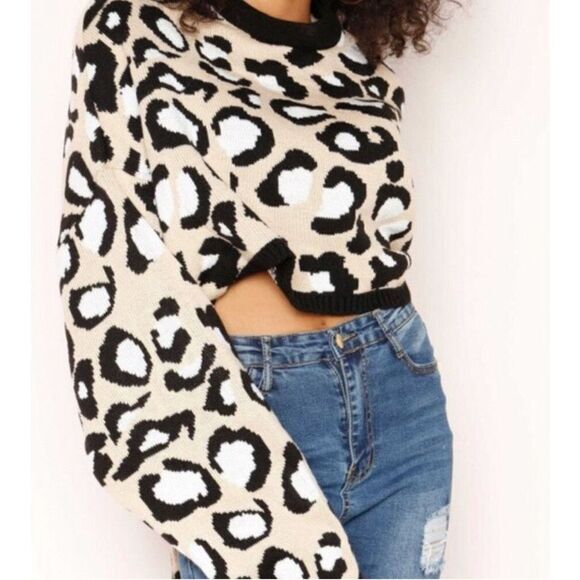 NAA NAA Women’s Oversized Sweater Pullover Crop Leopard/Animal Print Size S/M - Picture 2 of 12